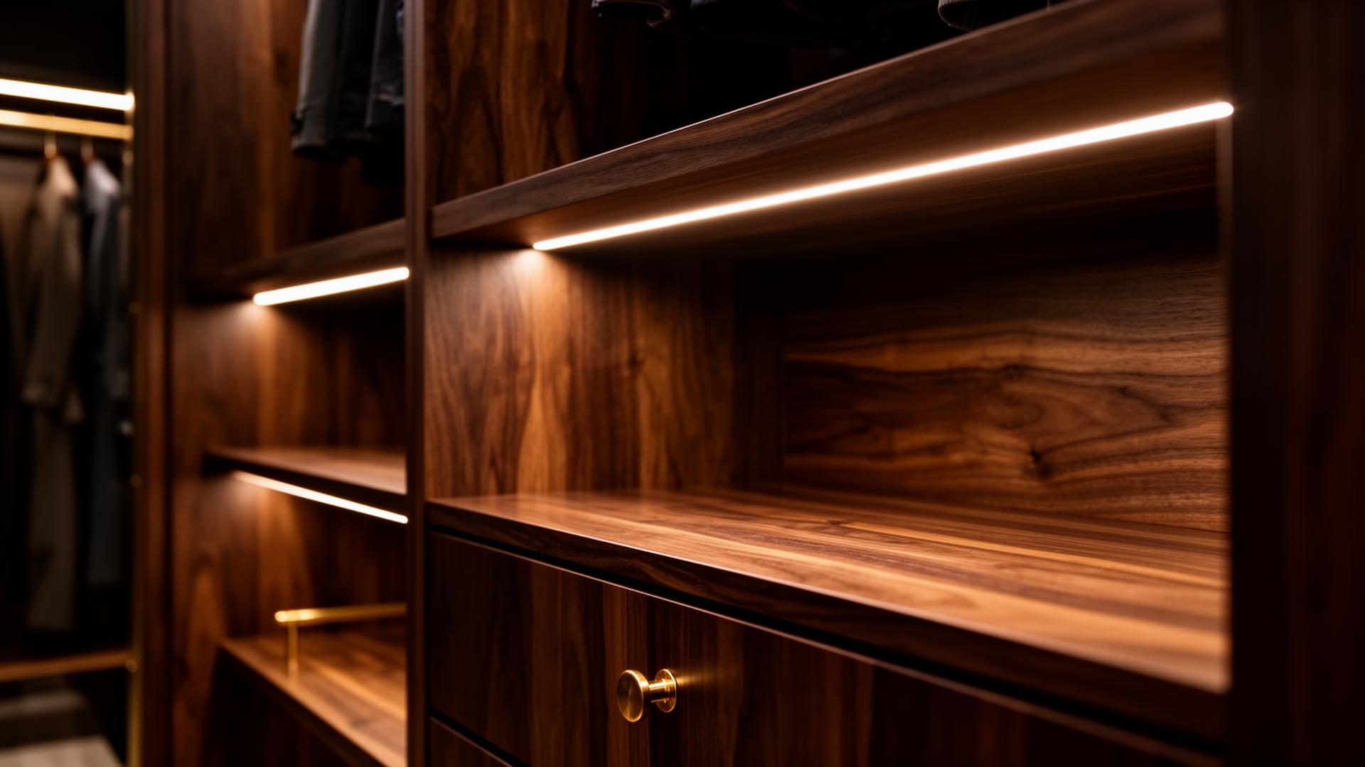 Clóset de lujo en madera de nogal con iluminación LED integrada